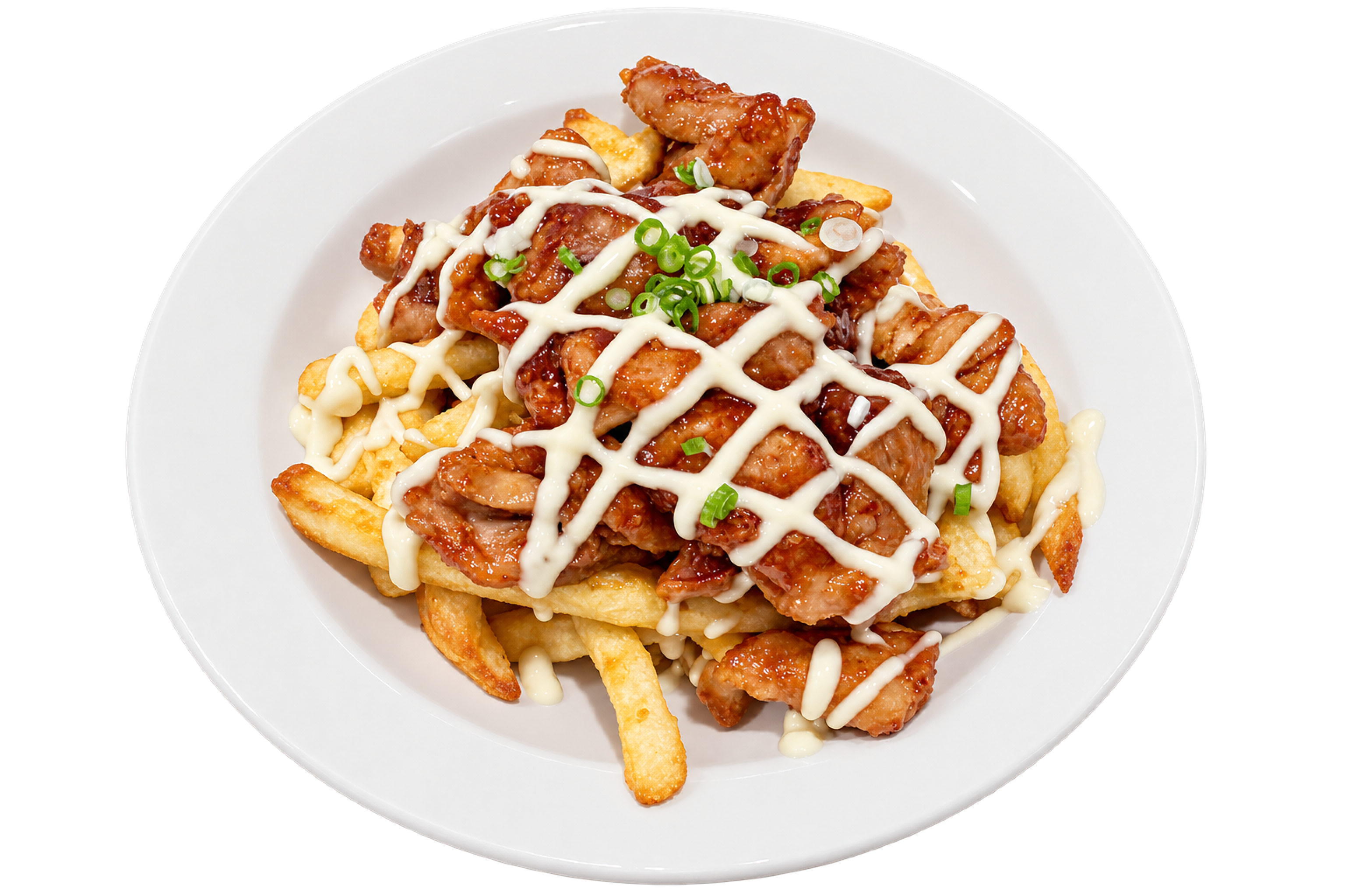 Ballistic Fries topped with sweet-and-spicy chicken, scallions, and mayo