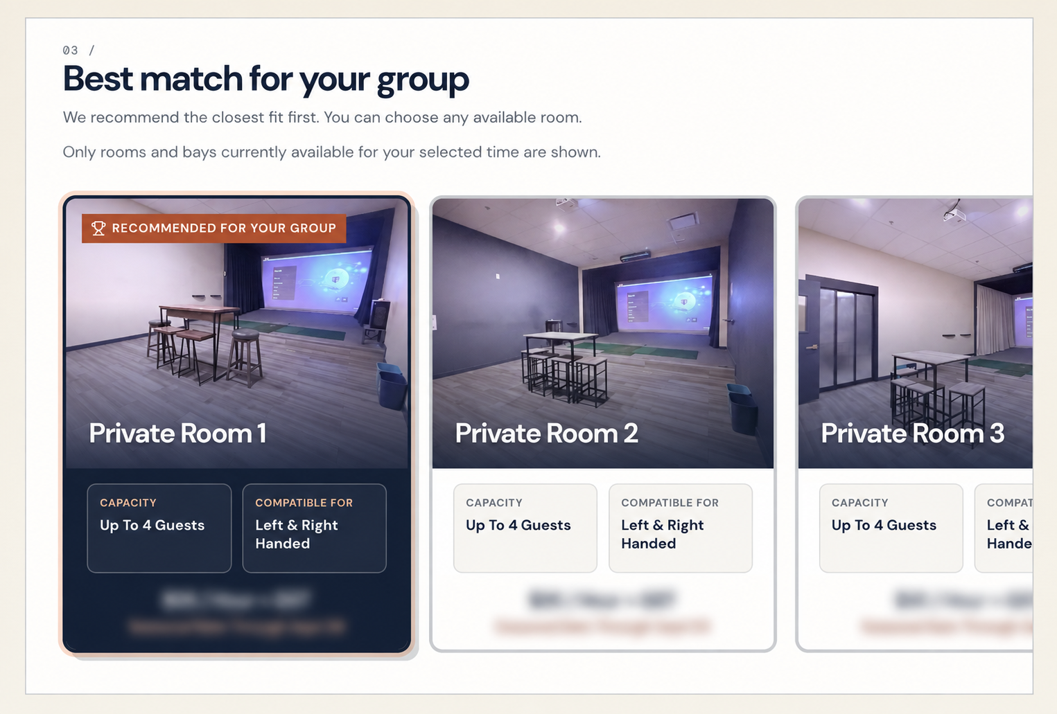 Booking screen showing available private rooms for a selected time, with price details blurred.